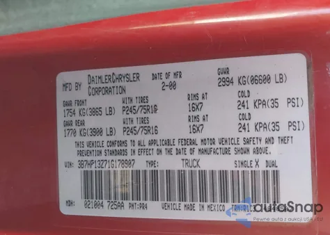 2001 Dodge Ram 1500 St from USA, damaged, VIN 3B7HF13Z71G178907